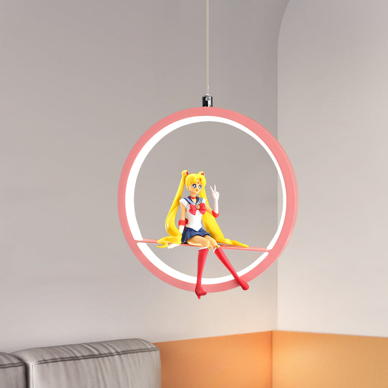 Round Girls Bedroom Pendant Chandelier Metallic LED Cartoon Hanging Light with Girl Decor in Pink/Blue Clearhalo 'Ceiling Lights' 'Pendant Lights' 'Pendants' Lighting' 1651732