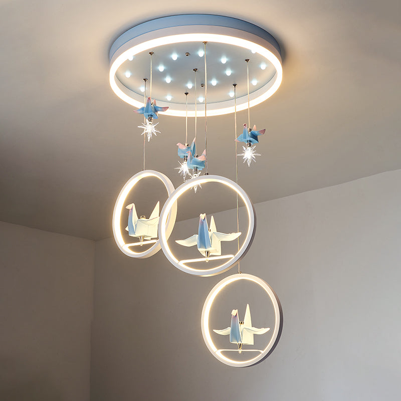 Metallic Circular Hanging Chandelier Kids LED Pendant Light in Blue with Paper Cranes Decor Clearhalo 'Ceiling Lights' 'Chandeliers' Lighting' options 1651740