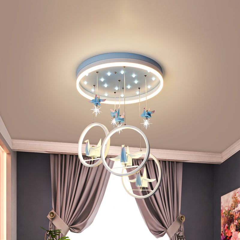 Metallic Circular Hanging Chandelier Kids LED Pendant Light in Blue with Paper Cranes Decor Clearhalo 'Ceiling Lights' 'Chandeliers' Lighting' options 1651741