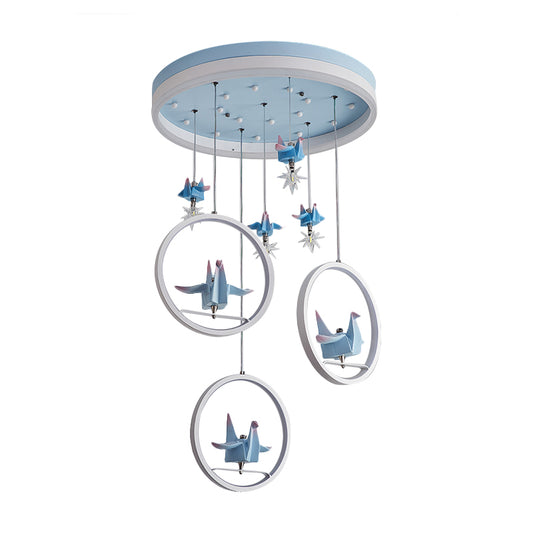 Metallic Circular Hanging Chandelier Kids LED Pendant Light in Blue with Paper Cranes Decor Clearhalo 'Ceiling Lights' 'Chandeliers' Lighting' options 1651742