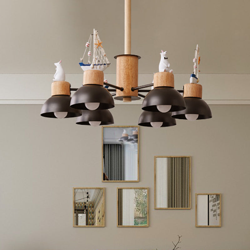 Dome Metallic Chandelier Lighting Cartoon 6 Bulbs Black/White Hanging Ceiling Light with Bear and Ship Design Clearhalo 'Ceiling Lights' 'Chandeliers' Lighting' options 1651862