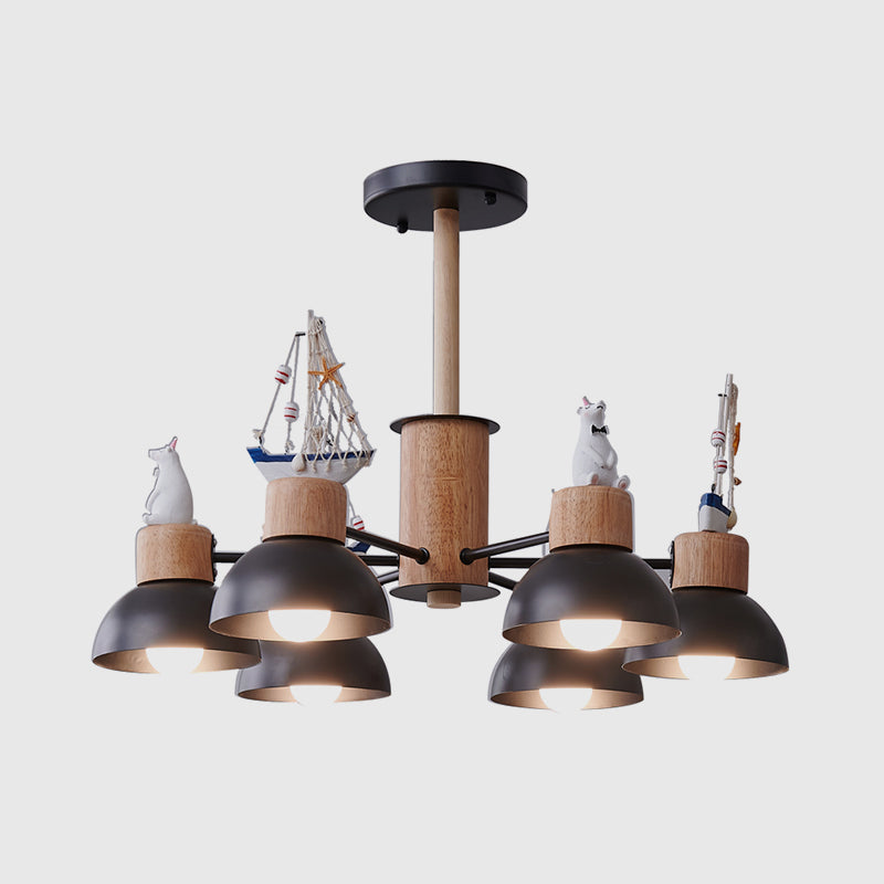 Dome Metallic Chandelier Lighting Cartoon 6 Bulbs Black/White Hanging Ceiling Light with Bear and Ship Design Clearhalo 'Ceiling Lights' 'Chandeliers' Lighting' options 1651863