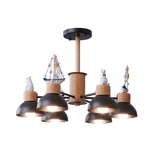 Dome Metallic Chandelier Lighting Cartoon 6 Bulbs Black/White Hanging Ceiling Light with Bear and Ship Design Clearhalo 'Ceiling Lights' 'Chandeliers' Lighting' options 1651864