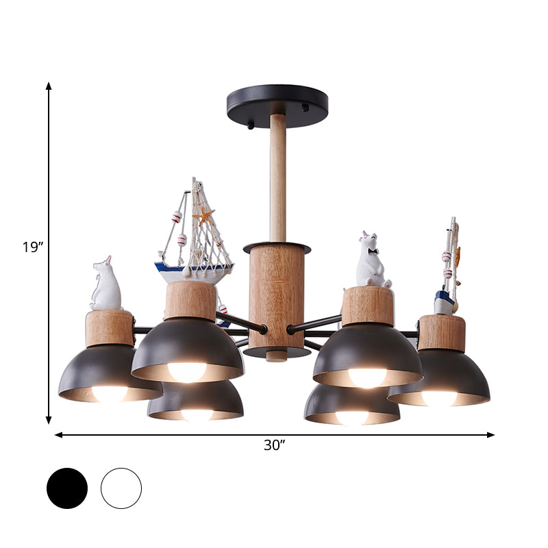 Dome Metallic Chandelier Lighting Cartoon 6 Bulbs Black/White Hanging Ceiling Light with Bear and Ship Design Clearhalo 'Ceiling Lights' 'Chandeliers' Lighting' options 1651865