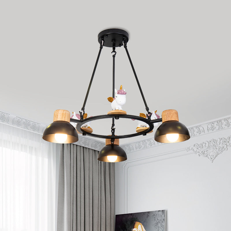 Kids Domed Pendant Chandelier Metal 3/6 Lights Living Room Suspension Lighting with Deer/Horse Decor in Black/White Clearhalo 'Ceiling Lights' 'Chandeliers' Lighting' options 1651870