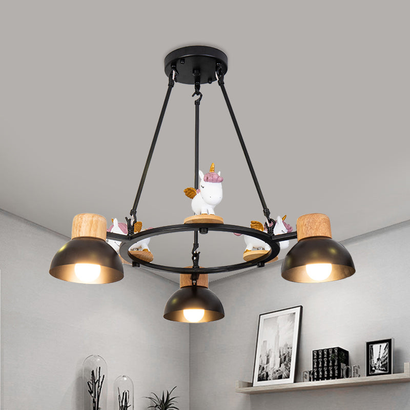 Kids Domed Pendant Chandelier Metal 3/6 Lights Living Room Suspension Lighting with Deer/Horse Decor in Black/White Clearhalo 'Ceiling Lights' 'Chandeliers' Lighting' options 1651871