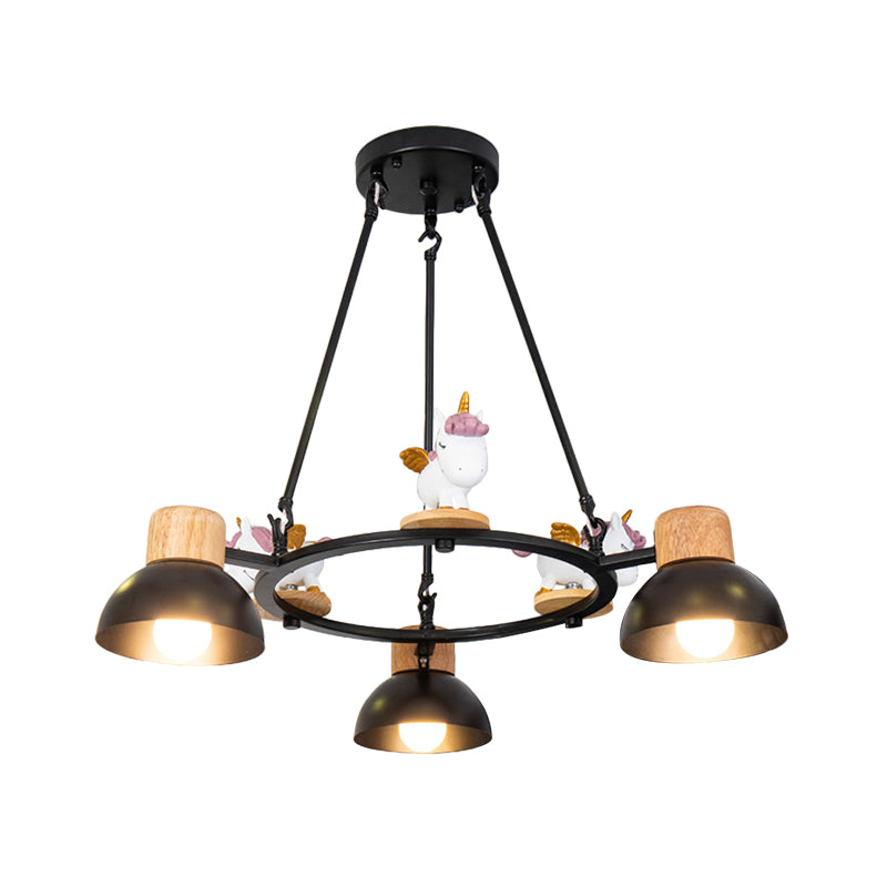 Kids Domed Pendant Chandelier Metal 3/6 Lights Living Room Suspension Lighting with Deer/Horse Decor in Black/White Clearhalo 'Ceiling Lights' 'Chandeliers' Lighting' options 1651872