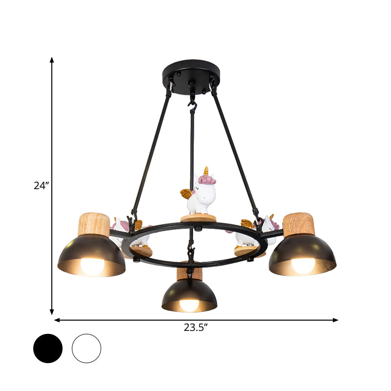 Kids Domed Pendant Chandelier Metal 3/6 Lights Living Room Suspension Lighting with Deer/Horse Decor in Black/White Clearhalo 'Ceiling Lights' 'Chandeliers' Lighting' options 1651873