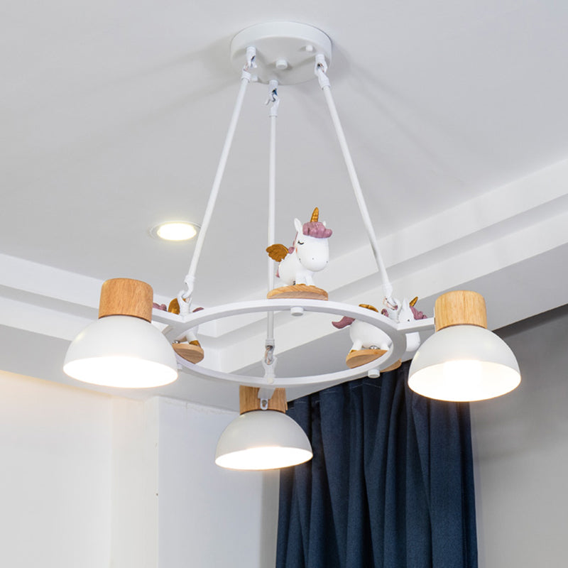 Kids Domed Pendant Chandelier Metal 3/6 Lights Living Room Suspension Lighting with Deer/Horse Decor in Black/White 3 White Horse Clearhalo 'Ceiling Lights' 'Chandeliers' Lighting' options 1651874_38e2e423-84a9-457c-aea5-5e7298e9ba7f