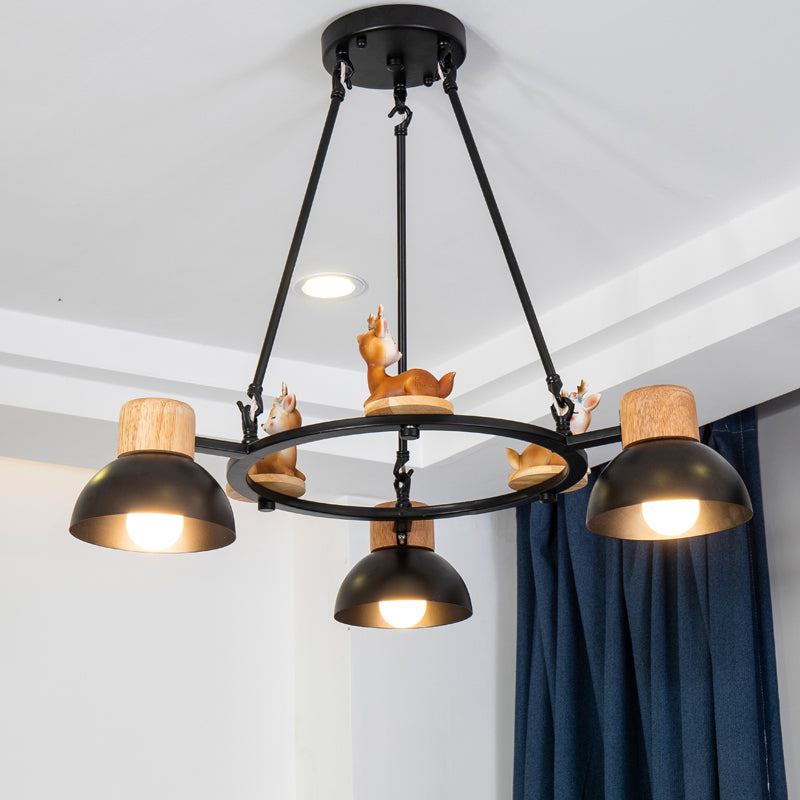 Kids Domed Pendant Chandelier Metal 3/6 Lights Living Room Suspension Lighting with Deer/Horse Decor in Black/White Clearhalo 'Ceiling Lights' 'Chandeliers' Lighting' options 1651878