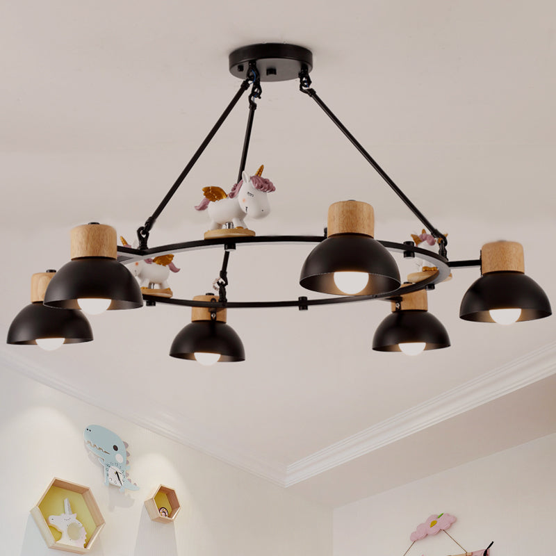 Kids Domed Pendant Chandelier Metal 3/6 Lights Living Room Suspension Lighting with Deer/Horse Decor in Black/White Clearhalo 'Ceiling Lights' 'Chandeliers' Lighting' options 1651887