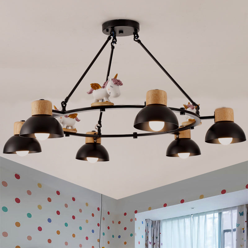 Kids Domed Pendant Chandelier Metal 3/6 Lights Living Room Suspension Lighting with Deer/Horse Decor in Black/White Clearhalo 'Ceiling Lights' 'Chandeliers' Lighting' options 1651889