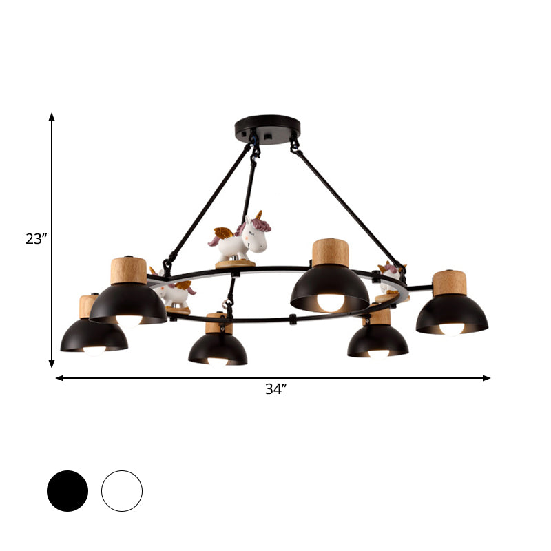 Kids Domed Pendant Chandelier Metal 3/6 Lights Living Room Suspension Lighting with Deer/Horse Decor in Black/White Clearhalo 'Ceiling Lights' 'Chandeliers' Lighting' options 1651891