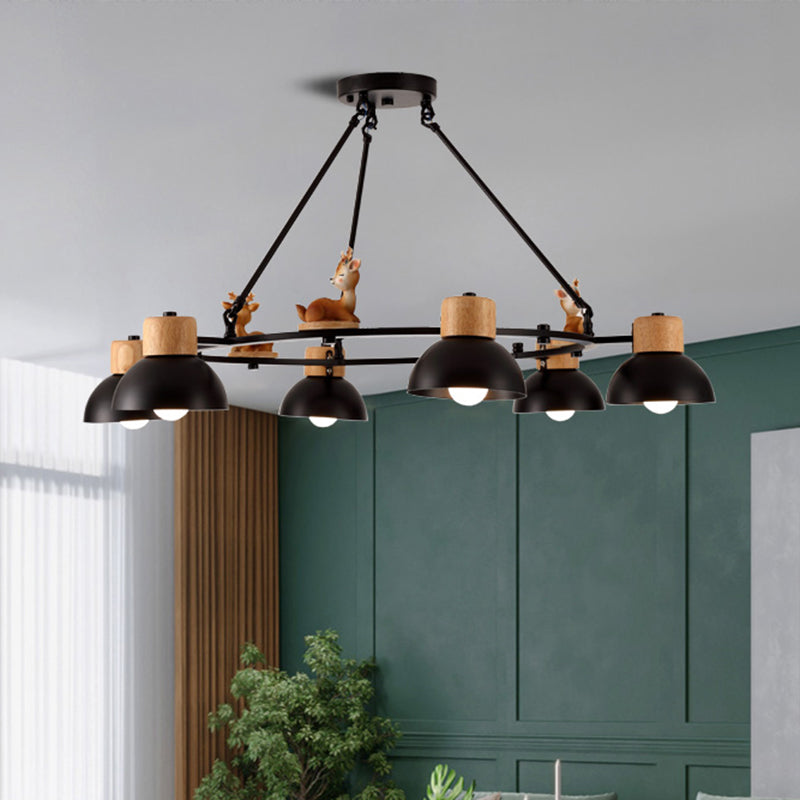 Kids Domed Pendant Chandelier Metal 3/6 Lights Living Room Suspension Lighting with Deer/Horse Decor in Black/White 6 Black Deer Clearhalo 'Ceiling Lights' 'Chandeliers' Lighting' options 1651896_1546322f-c32c-4276-882d-66900e037422