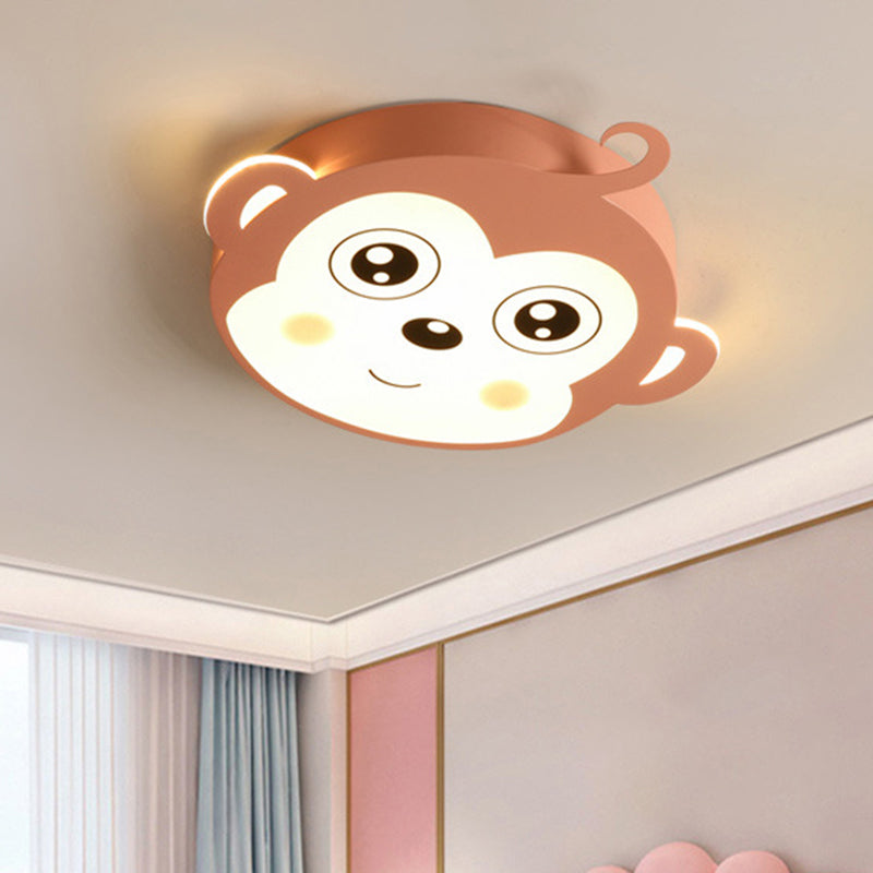 Pink/Coffee Monkey Close to Ceiling Lamp Cartoon LED Metallic Flush Mount Fixture for Children Room Clearhalo 'Ceiling Lights' 'Close To Ceiling Lights' 'Close to ceiling' 'Flush mount' Lighting' 1652068