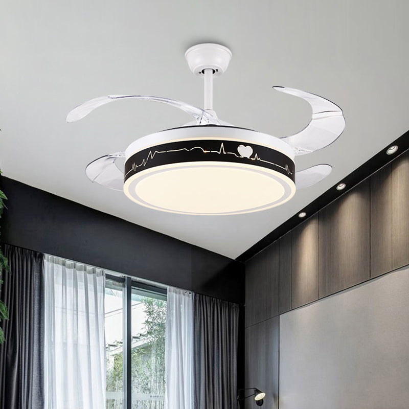 Circle Semi Flush Mounted Lamp Nordic Metallic 19" Wide LED Black-White Hanging Fan Lighting with 4 Clear Blades Black Clearhalo 'Ceiling Fans with Lights' 'Ceiling Fans' 'Modern Ceiling Fans' 'Modern' Lighting' 1652127