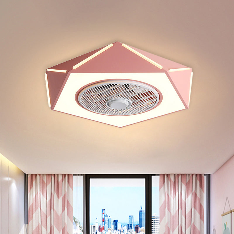 Faceted Pentagon LED Semi Flush Lamp Minimalist Metallic White/Black/Pink Ceiling Fan Lighting for Bedroom, 21.5" Wide Clearhalo 'Ceiling Fans with Lights' 'Ceiling Fans' 'Kids Ceiling Fans' 'Kids' Lighting' 1652139