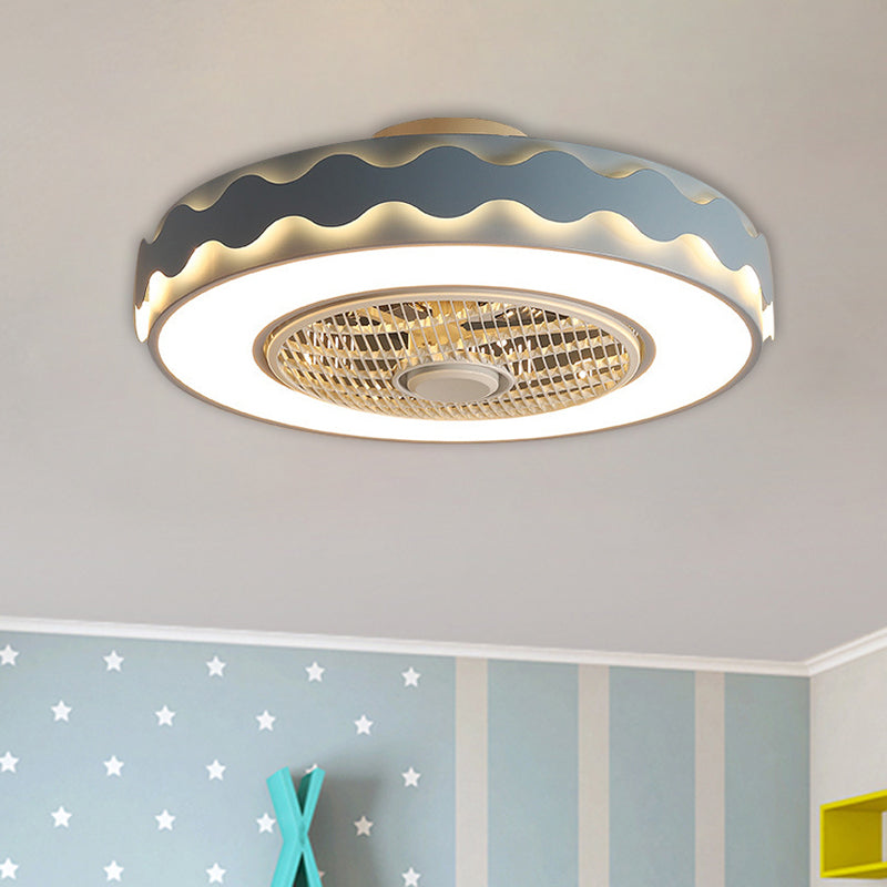 Circular Semi Flush Mount Fixture Creative Metal 23" Dia LED White/Black/Pink Ceiling Fan Lighting with Wavy Edge for Bedroom Blue Clearhalo 'Ceiling Fans with Lights' 'Ceiling Fans' 'Modern Ceiling Fans' 'Modern' Lighting' 1652182