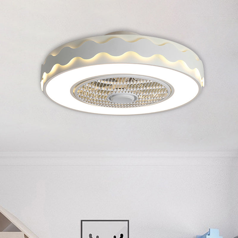 Circular Semi Flush Mount Fixture Creative Metal 23" Dia LED White/Black/Pink Ceiling Fan Lighting with Wavy Edge for Bedroom White Clearhalo 'Ceiling Fans with Lights' 'Ceiling Fans' 'Modern Ceiling Fans' 'Modern' Lighting' 1652190