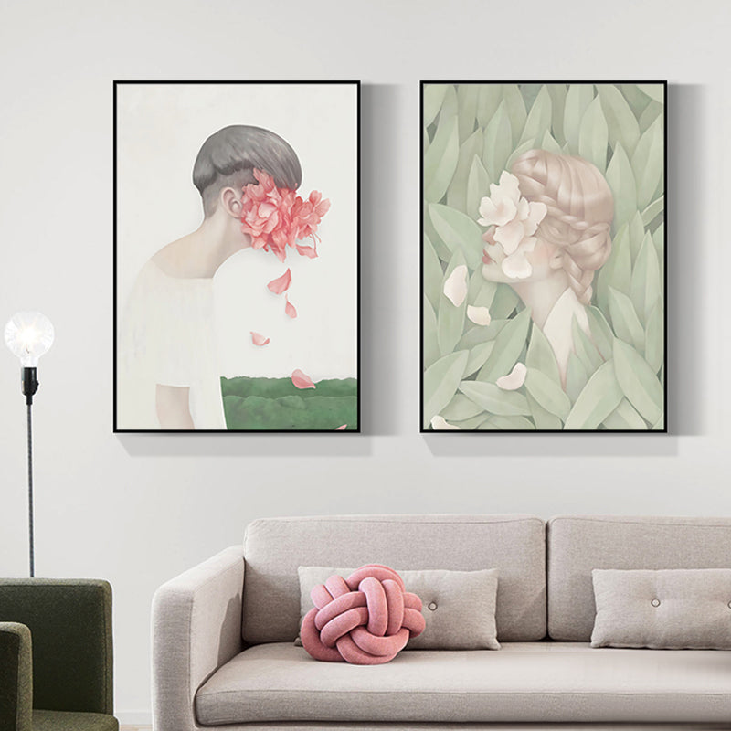 Dark Color Nordic Wall Art Illustrations People with Blossom Canvas Print for Living Room