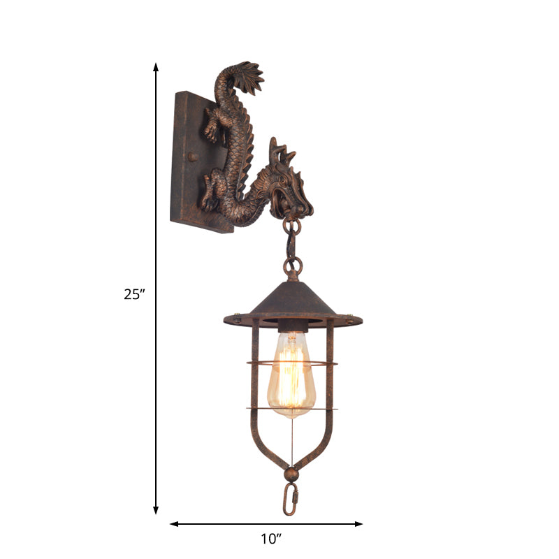 Caged Coffee Shop Wall Light Fixture Traditional Metal 1 Light Rust Sconce Lamp with Dragon Clearhalo 'Art deco wall lights' 'Cast Iron' 'Glass' 'Industrial wall lights' 'Industrial' 'Middle century wall lights' 'Modern' 'Rustic wall lights' 'Tiffany' 'Traditional wall lights' 'Wall Lamps & Sconces' 'Wall Lights' Lighting' 165257