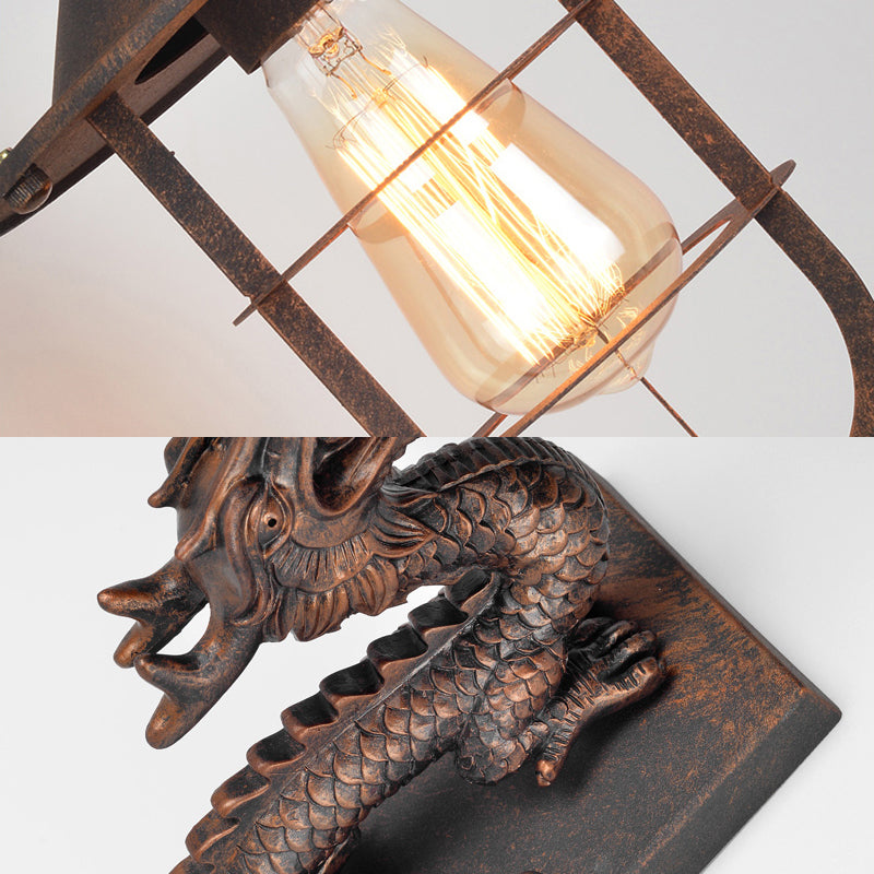 Caged Coffee Shop Wall Light Fixture Traditional Metal 1 Light Rust Sconce Lamp with Dragon Clearhalo 'Art deco wall lights' 'Cast Iron' 'Glass' 'Industrial wall lights' 'Industrial' 'Middle century wall lights' 'Modern' 'Rustic wall lights' 'Tiffany' 'Traditional wall lights' 'Wall Lamps & Sconces' 'Wall Lights' Lighting' 165258