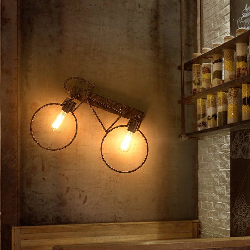 2 Lights Bicycle Wall Lighting Industrial Vintage Dark Rust Wrought Iron Sconce Lamp for Restaurant Rust Clearhalo 'Art deco wall lights' 'Cast Iron' 'Glass' 'Industrial wall lights' 'Industrial' 'Middle century wall lights' 'Modern' 'Rustic wall lights' 'Tiffany' 'Traditional wall lights' 'Wall Lamps & Sconces' 'Wall Lights' Lighting' 165259