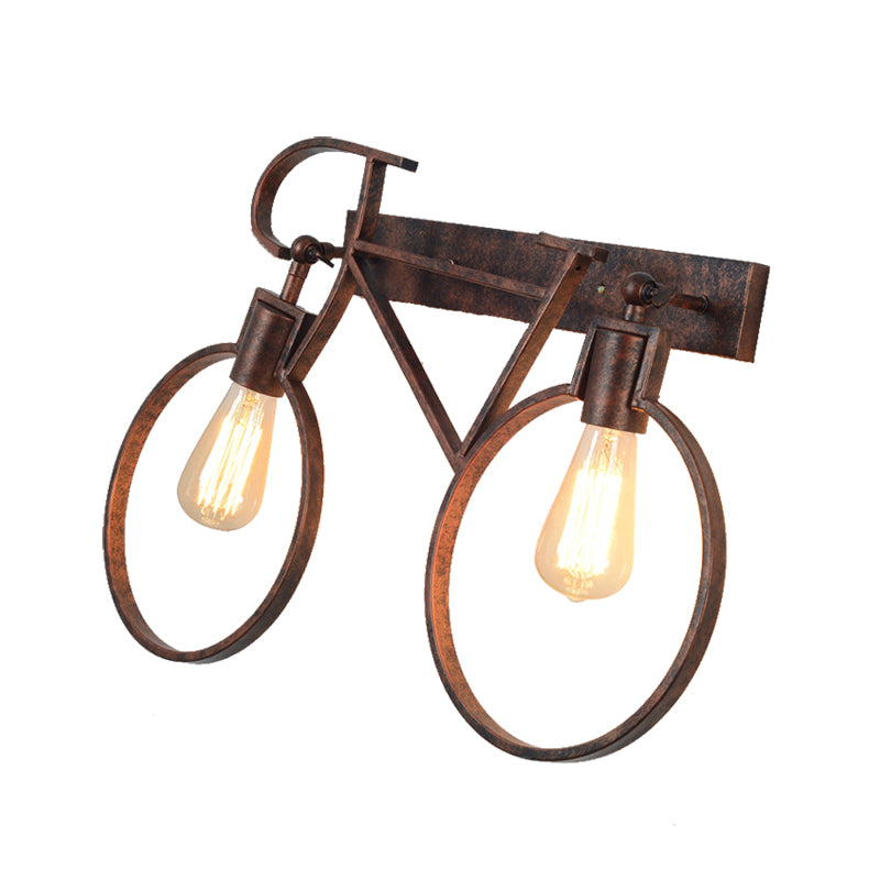 2 Lights Bicycle Wall Lighting Industrial Vintage Dark Rust Wrought Iron Sconce Lamp for Restaurant Clearhalo 'Art deco wall lights' 'Cast Iron' 'Glass' 'Industrial wall lights' 'Industrial' 'Middle century wall lights' 'Modern' 'Rustic wall lights' 'Tiffany' 'Traditional wall lights' 'Wall Lamps & Sconces' 'Wall Lights' Lighting' 165261