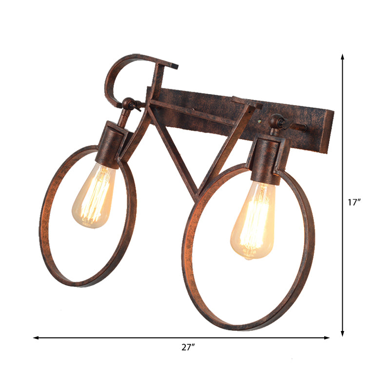2 Lights Bicycle Wall Lighting Industrial Vintage Dark Rust Wrought Iron Sconce Lamp for Restaurant Clearhalo 'Art deco wall lights' 'Cast Iron' 'Glass' 'Industrial wall lights' 'Industrial' 'Middle century wall lights' 'Modern' 'Rustic wall lights' 'Tiffany' 'Traditional wall lights' 'Wall Lamps & Sconces' 'Wall Lights' Lighting' 165262