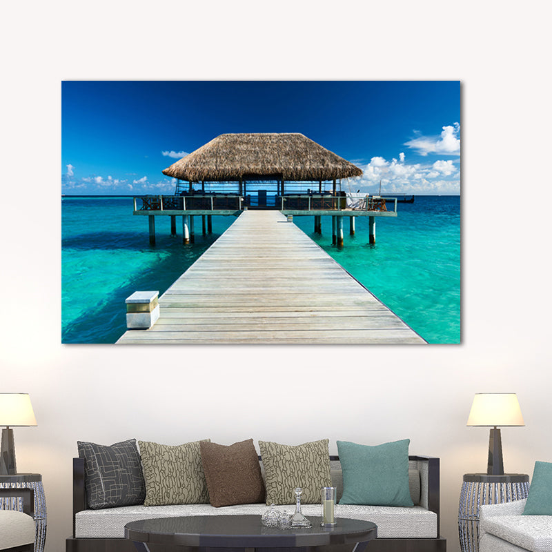 Sea Bridge Canvas Print Tropical Beautiful Seascape Wall Art in Pastel Color Blue Clearhalo 'Art Gallery' 'Canvas Art' 'Contemporary Art Gallery' 'Modern' Arts' 1652667