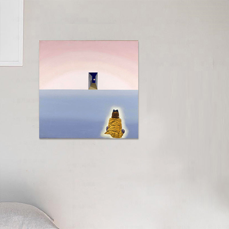 Femme assise sur le sol du salon salon art mural imprimé rose texturé pour chambre à coucher