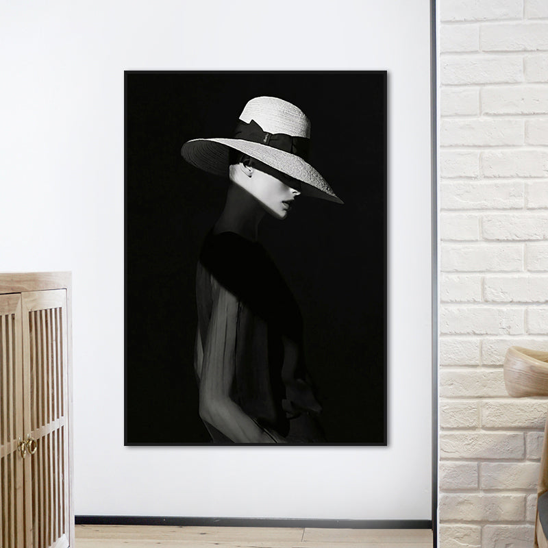 Black Lady with Hat Canvas Print Home Decor Victorian for Great Room Wall Art, Multiple Size Options Clearhalo 'Art Gallery' 'Canvas Art' 'Contemporary Art Gallery' 'Modern' Arts' 1652945