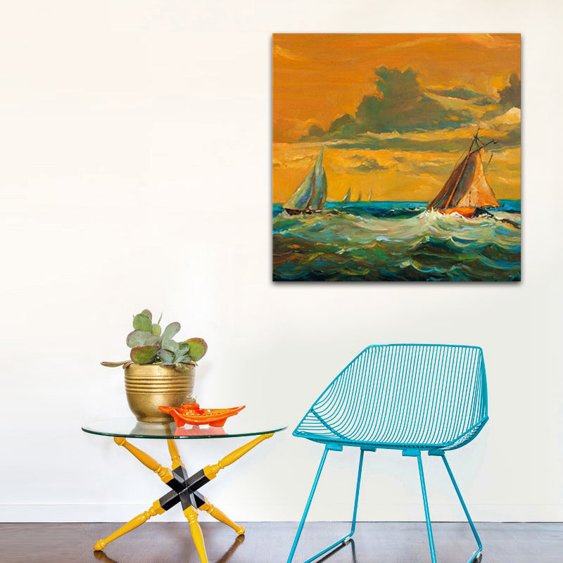 Modern Ocean Sailboat Painting Orange Sunset Seascape Wall Art Print for Living Room Orange Clearhalo 'Art Gallery' 'Canvas Art' 'Contemporary Art Gallery' 'Modern' Arts' 1653002