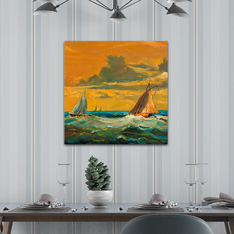 Modern Ocean Sailboat Painting Orange Sunset Seascape Wall Art Print for Living Room Clearhalo 'Art Gallery' 'Canvas Art' 'Contemporary Art Gallery' 'Modern' Arts' 1653004