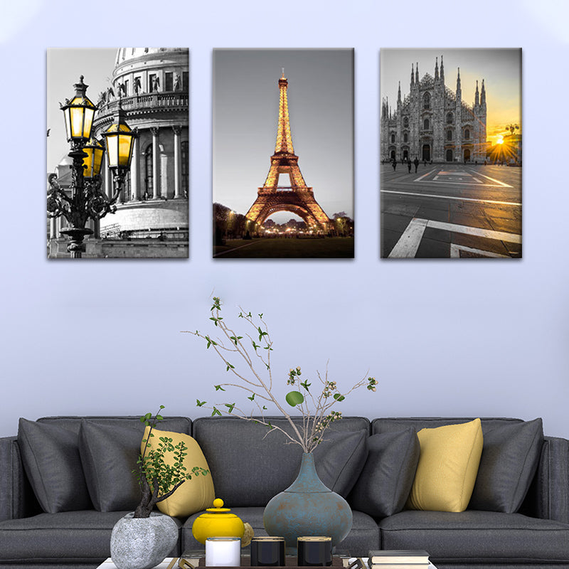 Wereldwijde geïnspireerde monumentale muurkunst set Gray Sunset Cityscape canvas print voor woonkamer