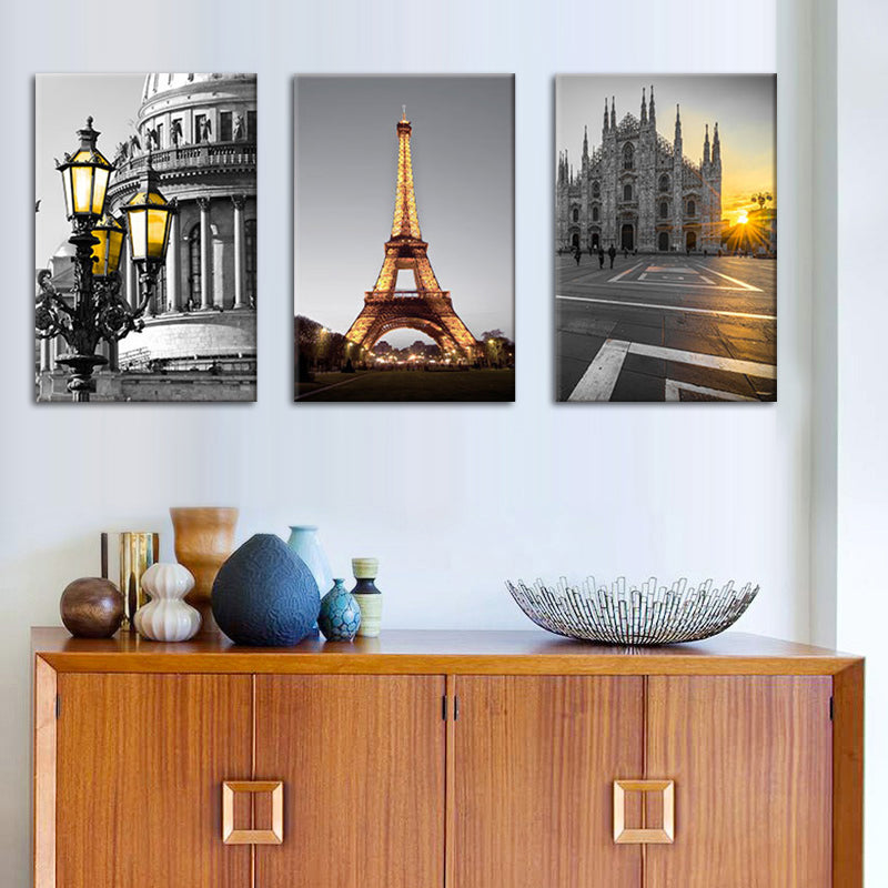 Wereldwijde geïnspireerde monumentale muurkunst set Gray Sunset Cityscape canvas print voor woonkamer