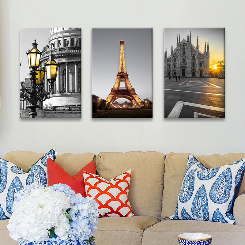 Global inspiriertes Landmark Wall Art Set Grey Sunset Cityscape Canvas Print für Wohnzimmer