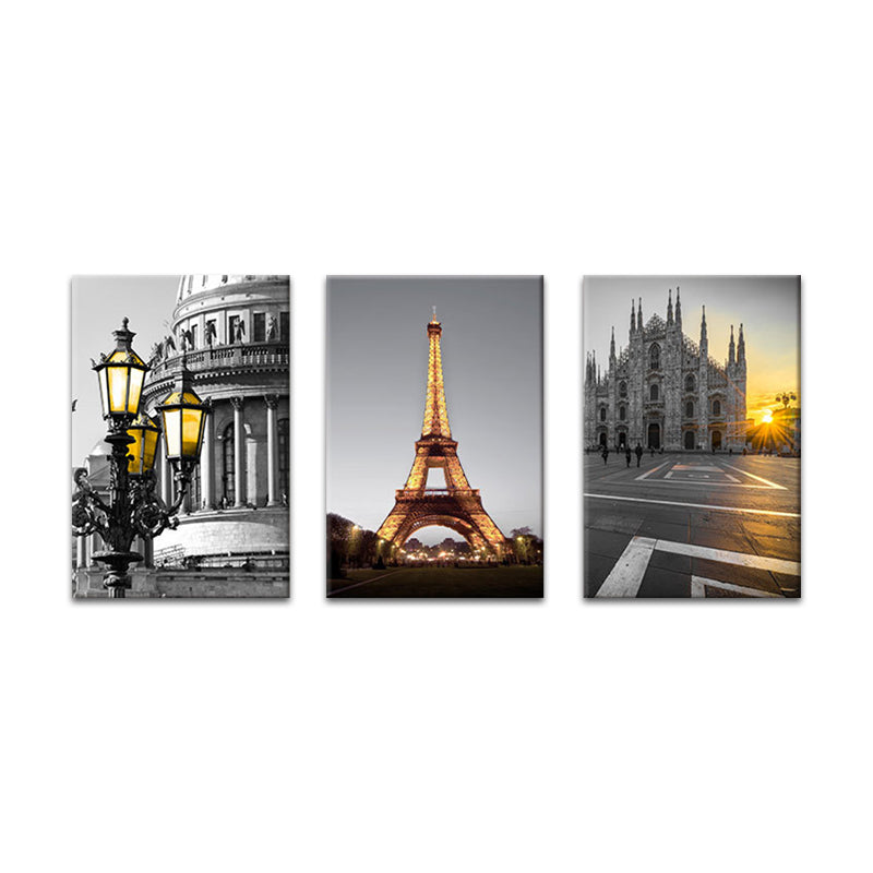 Global Inspired Landmark Wall Art Set Grey Sunset Cityscape Canvas Print for Living Room