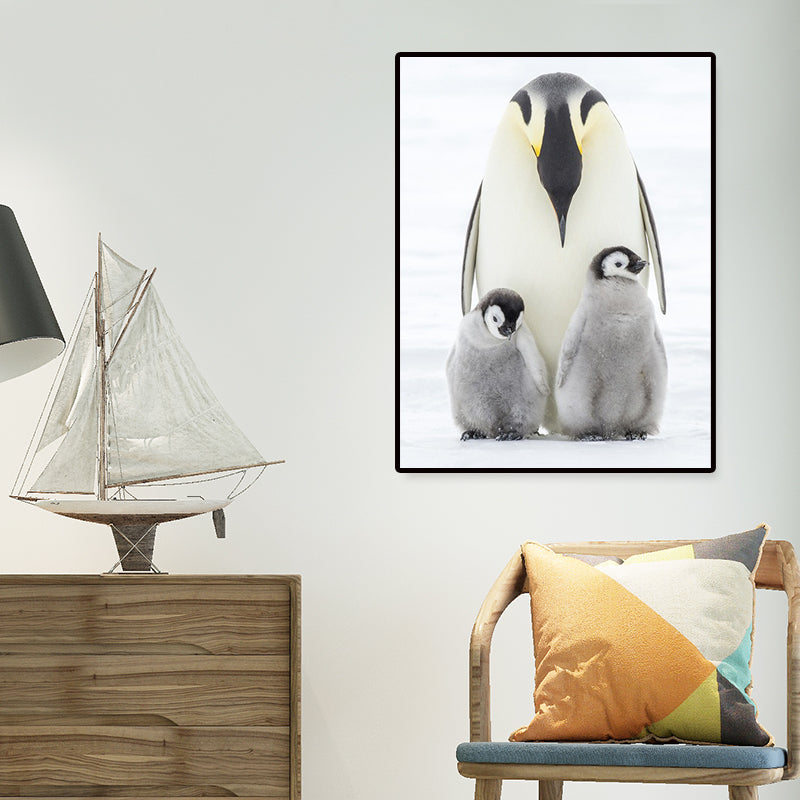 Photo-Print Penguin Family Canvas Wall Art for Living Room, Grey and White, Textured Grey Design 1 Clearhalo 'Art Gallery' 'Canvas Art' 'Contemporary Art Gallery' 'Modern' Arts' 1653023