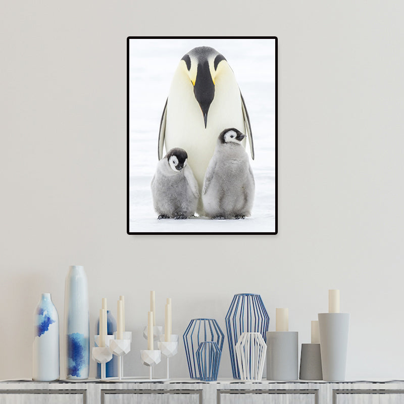 Photo-Print Penguin Family Canvas Wall Art for Living Room, Grey and White, Textured Clearhalo 'Art Gallery' 'Canvas Art' 'Contemporary Art Gallery' 'Modern' Arts' 1653024