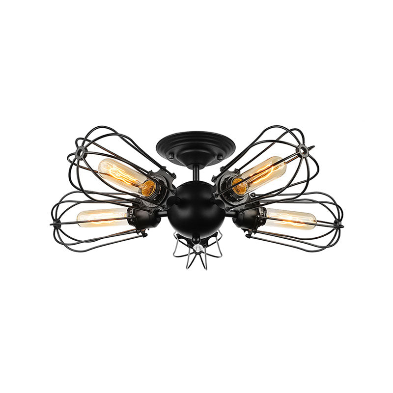 Vintage Bulb Shaped Semi Flush Mount Light with Wire Frame 3/5 Lights Metal Ceiling Light in Black for Farmhouse Clearhalo 'Ceiling Lights' 'Close To Ceiling Lights' 'Close to ceiling' 'Semi-flushmount' Lighting' 165303