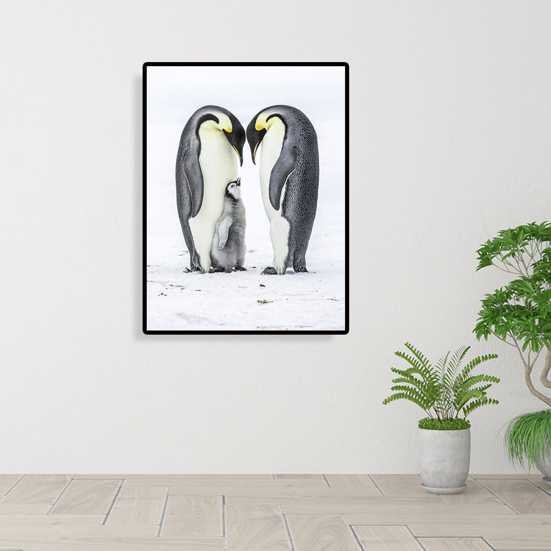 Photo-Print Penguin Family Canvas Wall Art for Living Room, Grey and White, Textured Clearhalo 'Art Gallery' 'Canvas Art' 'Contemporary Art Gallery' 'Modern' Arts' 1653030