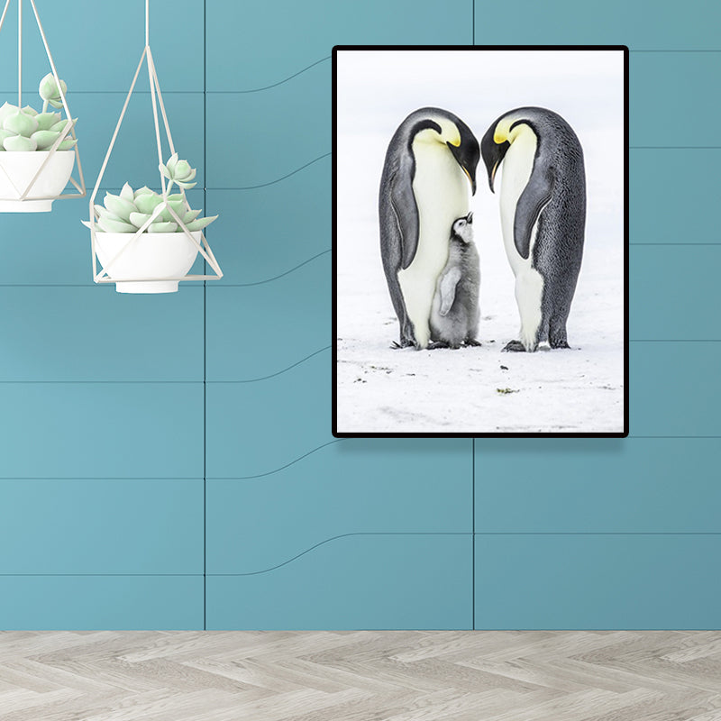 Photo-Print Penguin Family Canvas Wall Art for Living Room, Grey and White, Textured Clearhalo 'Art Gallery' 'Canvas Art' 'Contemporary Art Gallery' 'Modern' Arts' 1653031