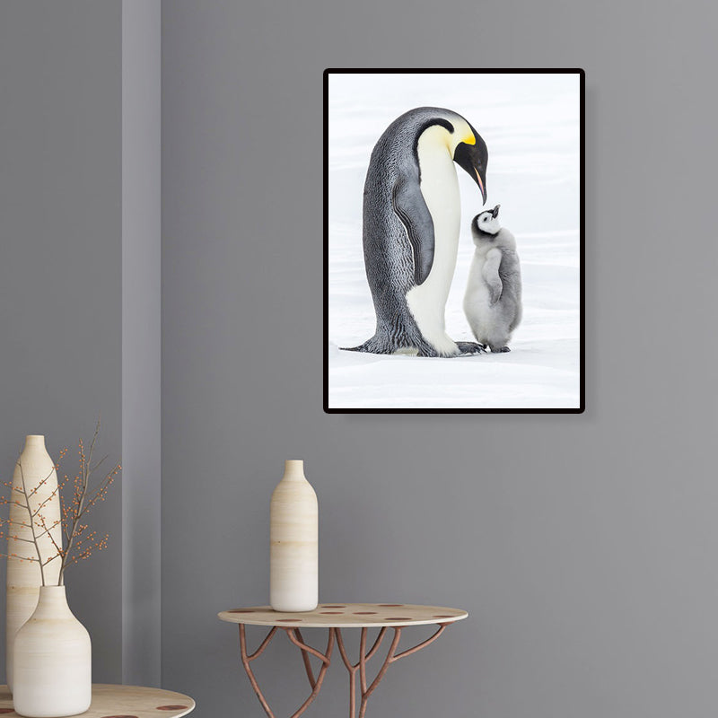 Photo-Print Penguin Family Canvas Wall Art for Living Room, Grey and White, Textured Clearhalo 'Art Gallery' 'Canvas Art' 'Contemporary Art Gallery' 'Modern' Arts' 1653033