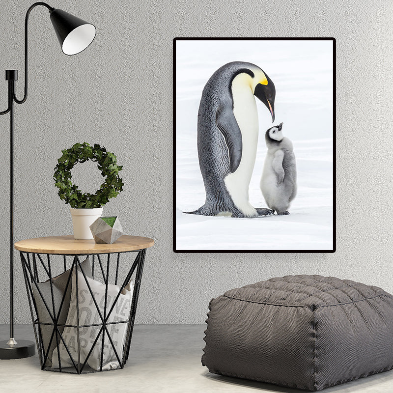 Photo-Print Penguin Family Canvas Wall Art for Living Room, Grey and White, Textured Clearhalo 'Art Gallery' 'Canvas Art' 'Contemporary Art Gallery' 'Modern' Arts' 1653035