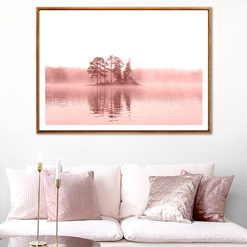 Nature Landscape Art Print Modern Romantic Trees in the Center of River Wall Decor in Pink Pink Clearhalo 'Art Gallery' 'Canvas Art' 'Contemporary Art Gallery' 'Modern' Arts' 1653062