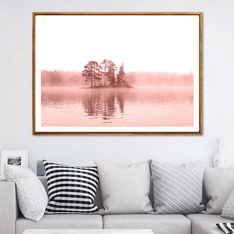 Nature Landscape Art Print Modern Romantic Trees in the Center of River Wall Decor in Pink Clearhalo 'Art Gallery' 'Canvas Art' 'Contemporary Art Gallery' 'Modern' Arts' 1653064