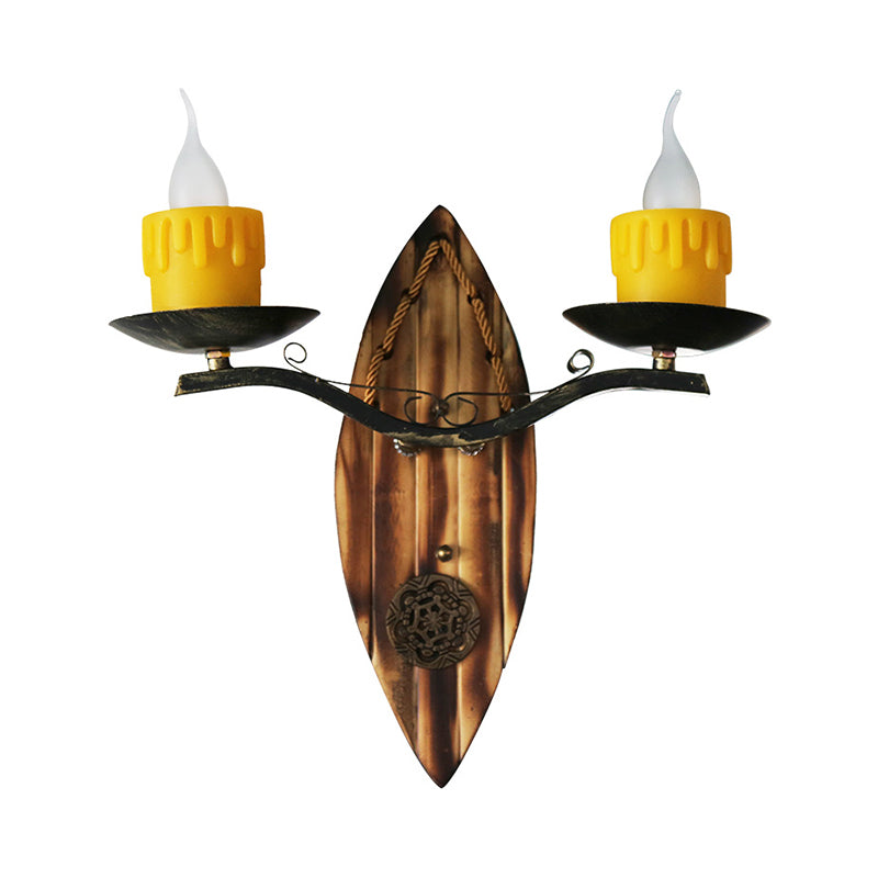 Candle Sconce Lamp Vintage Resin 2 Light Wall Mount Light in Black with Wood Backplate Clearhalo 'Wall Lamps & Sconces' 'Wall Lights' Lighting' 165308