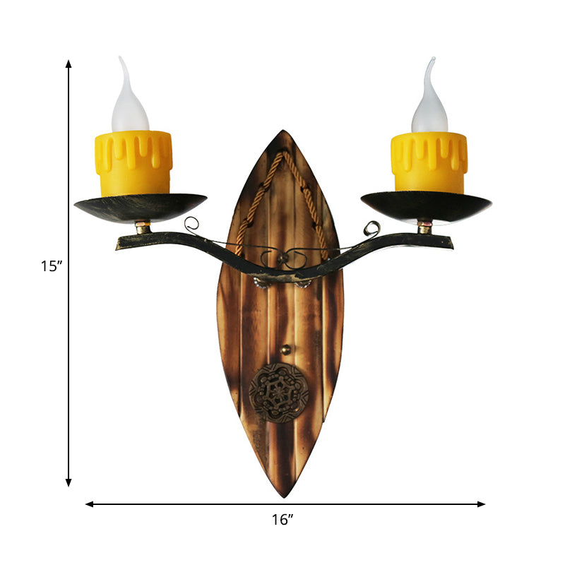 Candle Sconce Lamp Vintage Resin 2 Light Wall Mount Light in Black with Wood Backplate Clearhalo 'Wall Lamps & Sconces' 'Wall Lights' Lighting' 165309