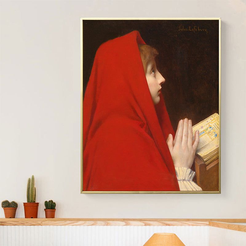 Fille en robe rouge peinture globale inspirée de chambre à coucher texturé décor un décor d'art, jaune